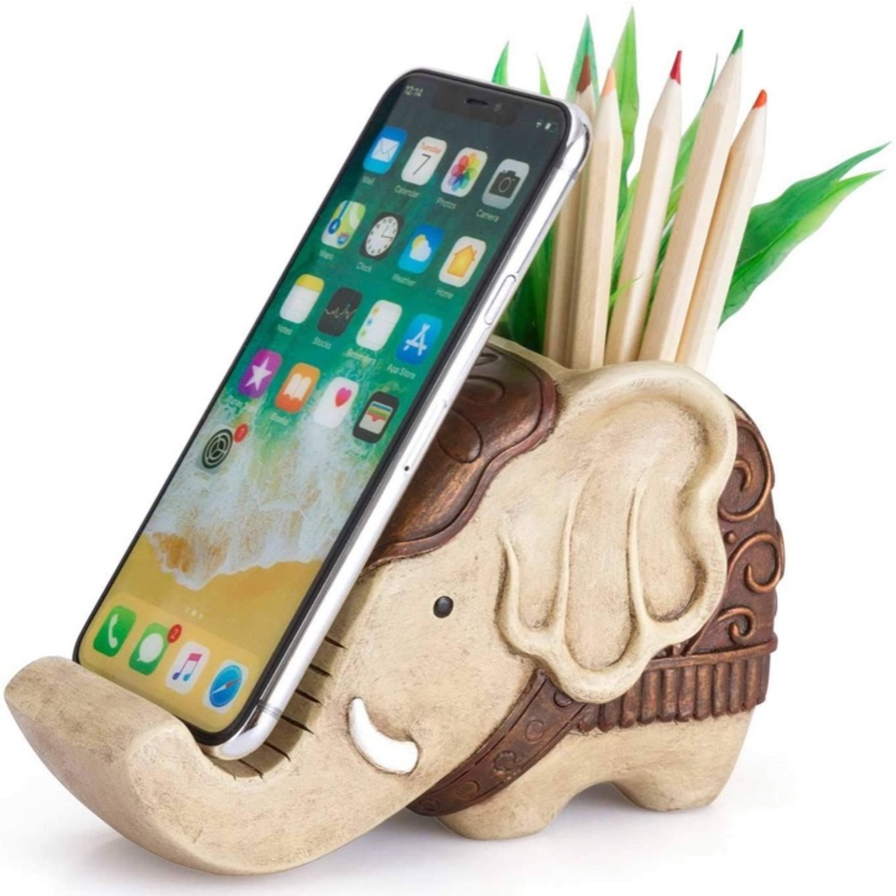 Elephant Pencil Holder w/ Mobile Phone Stand, Multifunctional Office Desk Decor